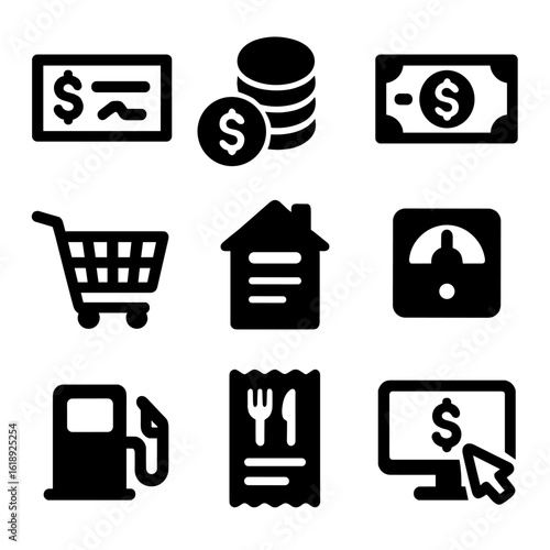 Financial Icon Grid. Solid, filled icon set of income and expenses: paycheck, coins stack, bills, shopping cart, rent document,