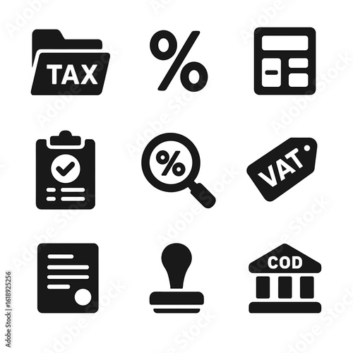 Tax Planning Icons. Solid, filled icons set of tax planning and compliance: tax folder, percentage rate icon,