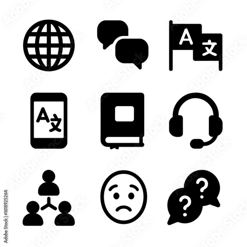 Multilingual Icons Grid. Solid, filled icon set of multilingual interaction: globe, multiple speech bubbles, language flags,