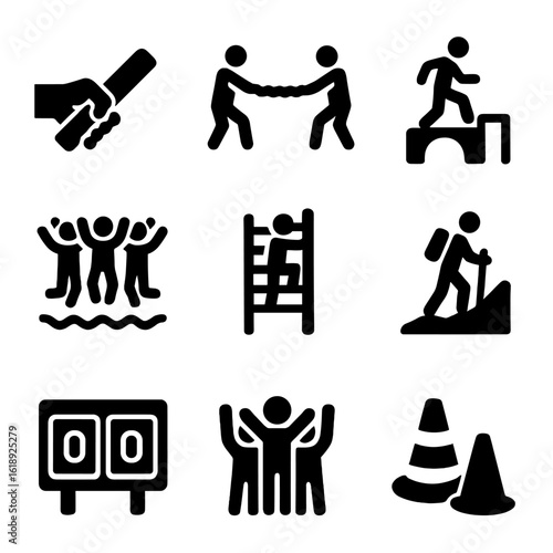 Team Building Icons. Solid, filled icons set of physical team building games: relay race baton, tug of war
