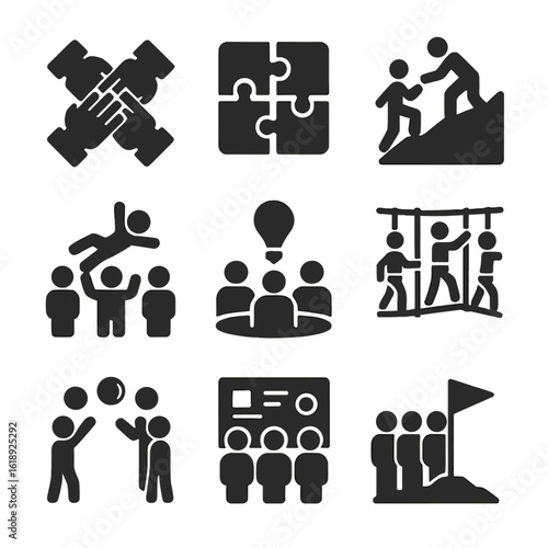 Team Building Icons. Solid, filled icons set of team building activities: group handshake, puzzle pieces,