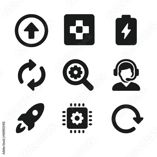 Tech Maintenance Icons. Solid, filled icons set of tech maintenance and updates: system update icon, software