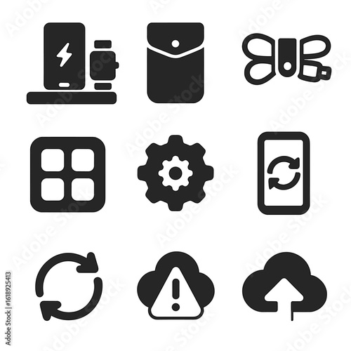 Tech Organization Icons. Solid, filled icons set of personal tech organization: charging station, gadget pouch