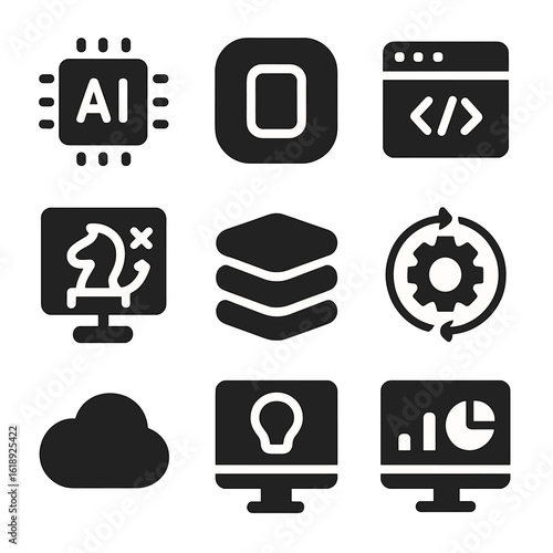 Tech Innovation Icons. Solid, filled icons set of technology-driven entrepreneurship: AI chip, app icon, code