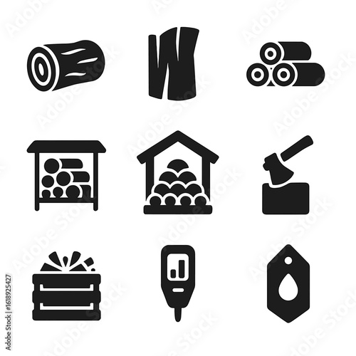 Firewood Icons Collection. Solid, filled icons set of types of firewood and storage: oak log, birch split,