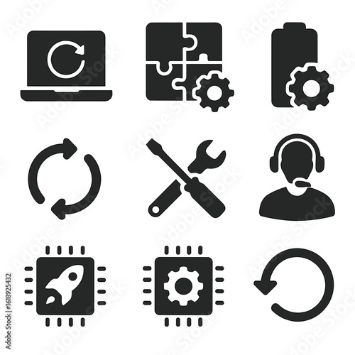 Tech Maintenance Icons. Solid, filled icons set of tech maintenance and updates: system update icon, software