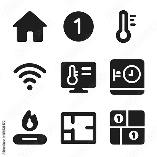 Temperature Monitoring Icons. Solid, filled icons set of temperature monitoring in different rooms: room icon,