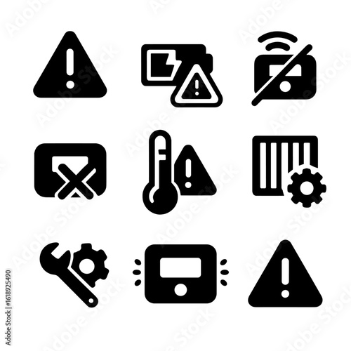 Thermostat Alert Icons. Solid, filled icons set of thermostat alerts and errors: warning icon, low battery