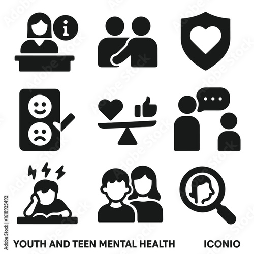 Teen Mental Health Icons. Solid, filled icons set of youth and teen mental health: school counselor icon, peer
