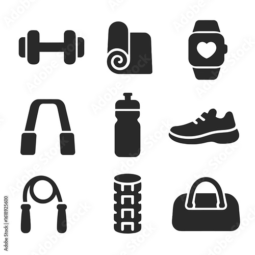Fitness Gift Icons. Solid, filled icons set of sports and fitness hobby gifts: dumbbell, yoga mat, fitness