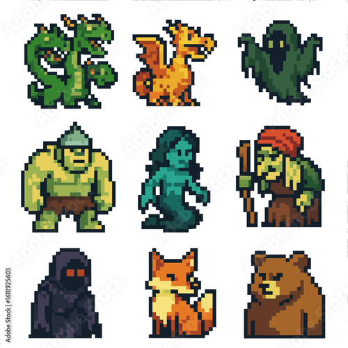 Mythical Foes Icon Set. Pixel art icon set of mythical foes Dobrynya faced: Zmey Gorynych, Kiika Dragon, forest specter, bogatyr