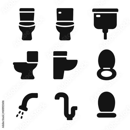 Toilet Bowl Icons Set. Solid, filled icons set of toilet bowl types and parts: elongated bowl, round bowl,