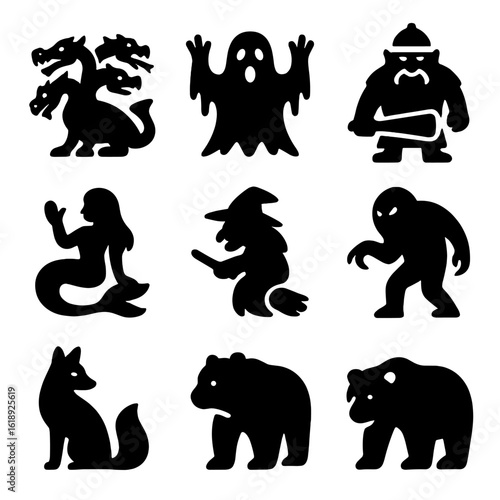Mythical Foes Icons. Solid, Filled icon set of mythical foes Dobrynya faced: Zmey Gorynych, Kiika Dragon, forest specter, bogatyr