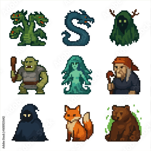 Mythical Foes Icon Set. Pixel art icon set of mythical foes Dobrynya faced: Zmey Gorynych, Kiika Dragon, forest specter, bogatyr