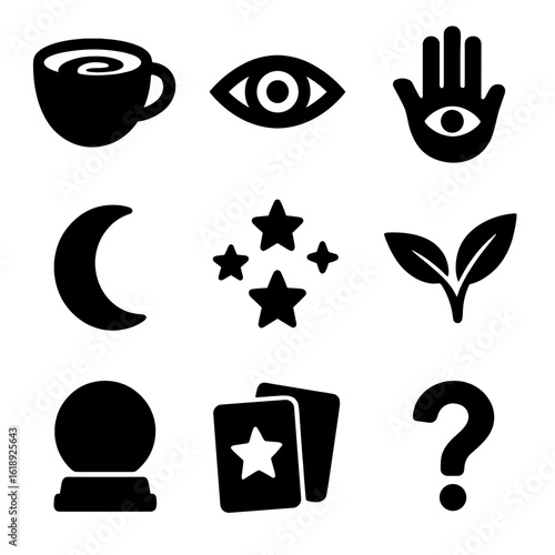 Mystical Tea Icon Set. Solid, filled icon set of mystical tea leaf readings: tea cup with swirl, third eye, mystic hand, moon