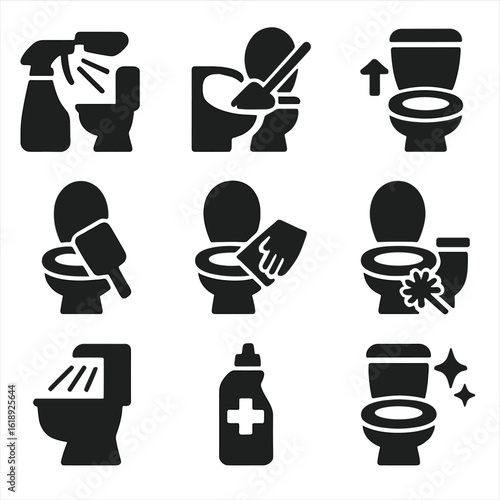 Toilet Cleaning Icons. Solid, filled icons set of steps for toilet cleaning process: pre-clean spray, scrub