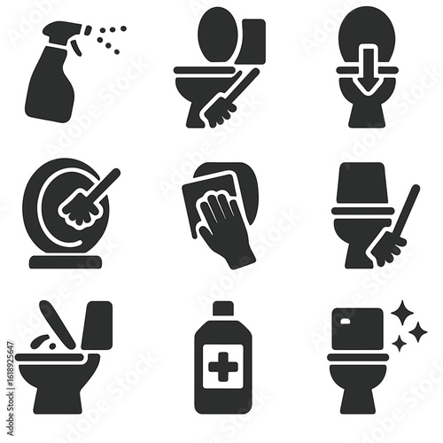 Toilet Cleaning Icons. Solid, filled icons set of steps for toilet cleaning process: pre-clean spray, scrub