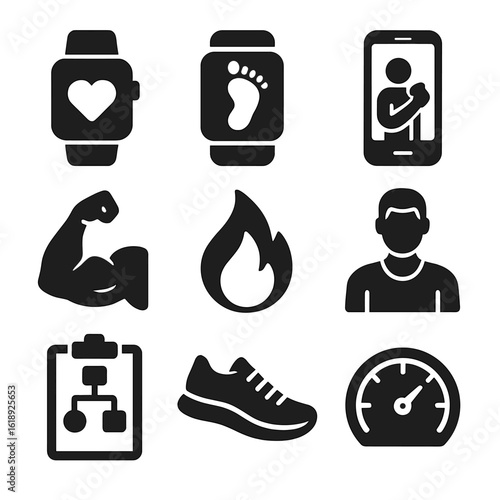 Fitness-Tech Icons Grid. Solid, filled icons set of fitness-tech startups: smartwatch, step counter, workout