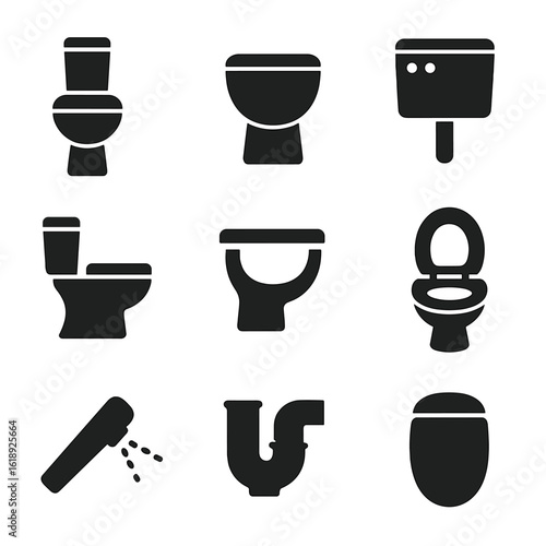 Toilet Icons Collection. Solid, filled icons set of toilet bowl types and parts: elongated bowl, round bowl,