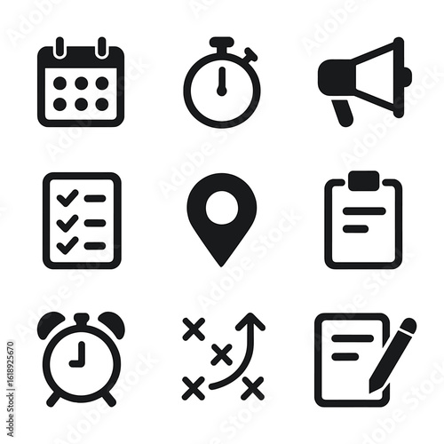 Flash Mob Icon Set. Solid, filled icon set of Flash mob planning: calendar, stopwatch, megaphone, checklist, map marker, clipboard