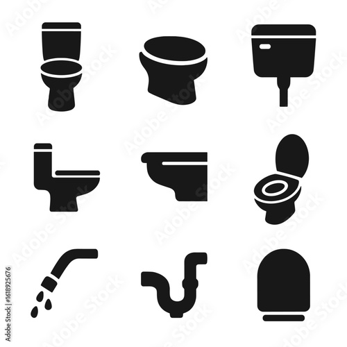 Toilet Icons Collection. Solid, filled icons set of toilet bowl types and parts: elongated bowl, round bowl,