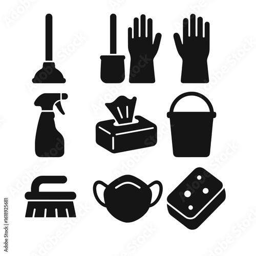 Toilet Cleaning Essentials. Solid, filled icons set of toilet cleaning supplies and tools: plunger, toilet