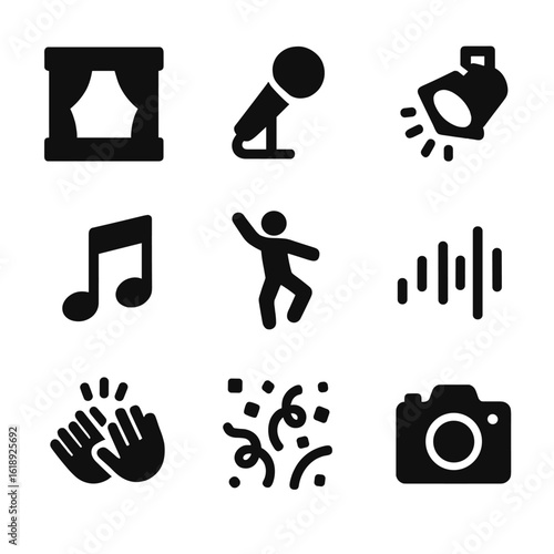 Flash Mob Icons. Solid, filled icon set of Flash mob performance: stage, microphone, spotlight, music note, dancer silhouette,