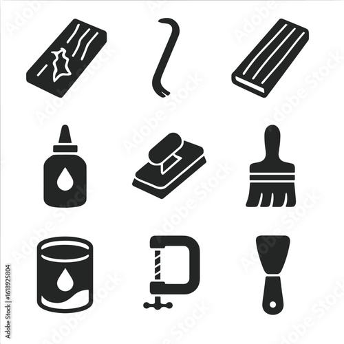 Floorboard Repair Icons. Solid, filled icons set of floorboard repair and replacement: damaged plank, pry bar,