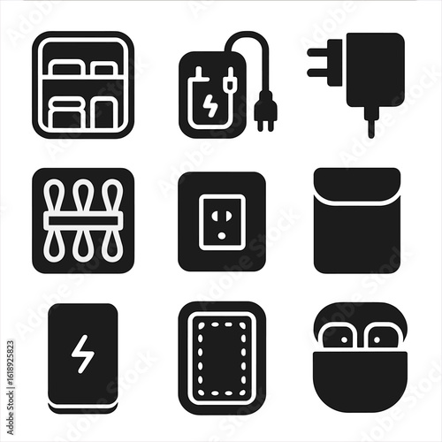 Travel Electronics Icons. Solid, filled icons set of travel electronics packing: suitcase compartment, charger