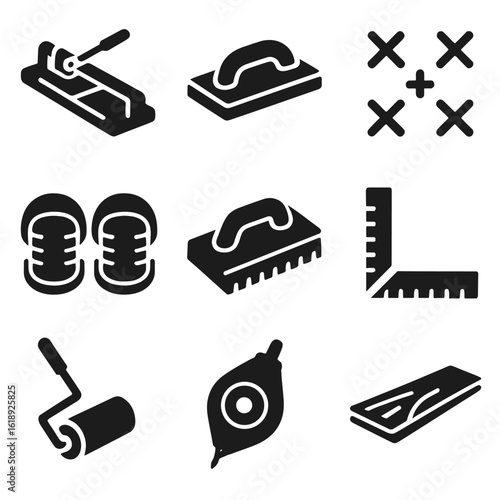 Flooring Installation Icons. Solid, filled icons set of flooring installation: tile cutter, grout float,