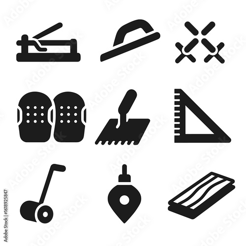 Flooring Installation Icons. Solid, filled icons set of flooring installation: tile cutter, grout float,
