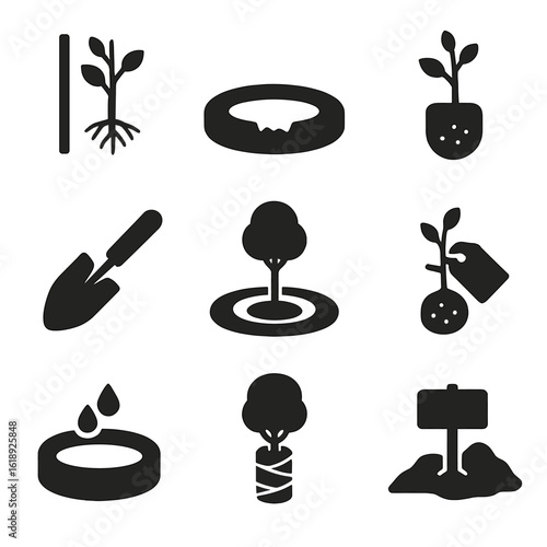 Tree Planting Icons. Solid, filled icons set of planting trees and large shrubs: sapling with stake, tree hole