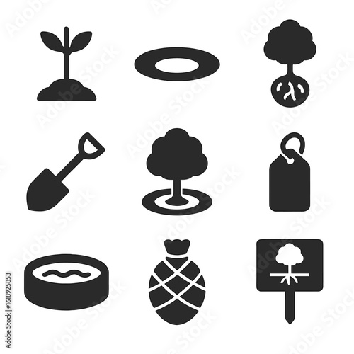Tree Planting Icons. Solid, filled icons set of planting trees and large shrubs: sapling with stake, tree hole