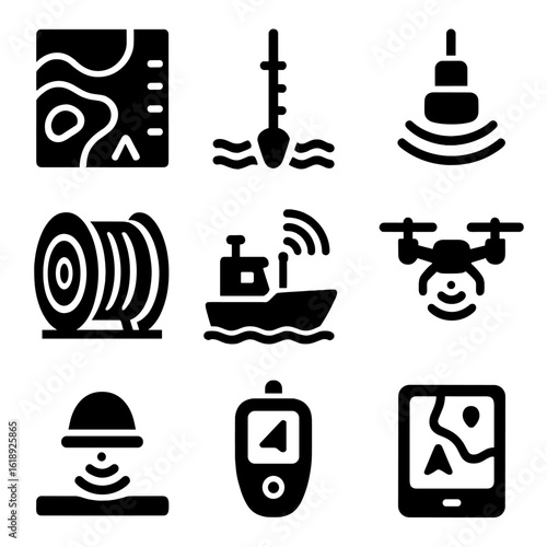 Trench Mapping Tools Icons. Solid, filled icons set of trench mapping tools: bathymetric map, depth marker,