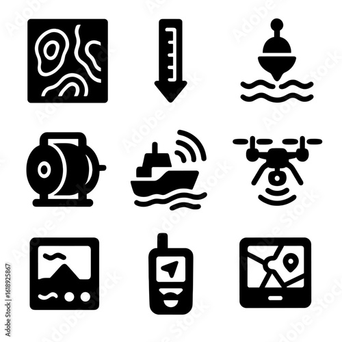 Trench Mapping Tools Icons. Solid, filled icons set of trench mapping tools: bathymetric map, depth marker,