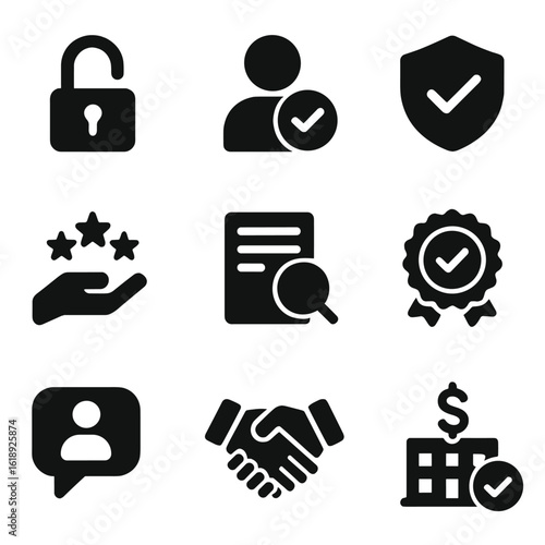 Trust Icons Collection. Solid, filled icons set of building customer trust: open lock, verified user, security