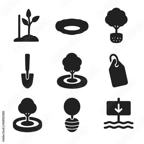 Tree Planting Icons. Solid, filled icons set of planting trees and large shrubs: sapling with stake, tree hole