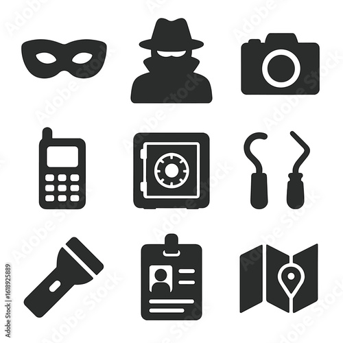 Undercover Icon Grid. Solid, filled icons set of undercover reporting: mask, shadow figure, camera, phone,