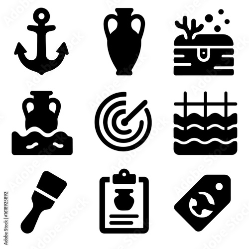 Underwater Archaeology Icons. Solid, filled icons set of underwater archaeology: ancient anchor, amphora,
