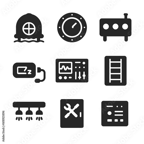 Underwater Habitat Icons. Solid, filled icons set of underwater habitats: sea dome, observation porthole,