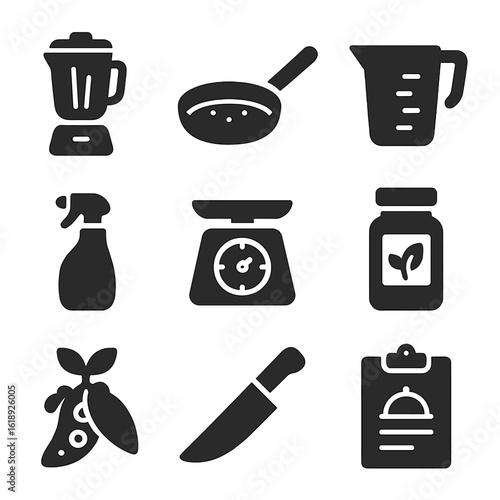 Vegan Cooking Icons. Solid, filled icons set of high-protein vegan cooking tools: blender, nonstick pan,