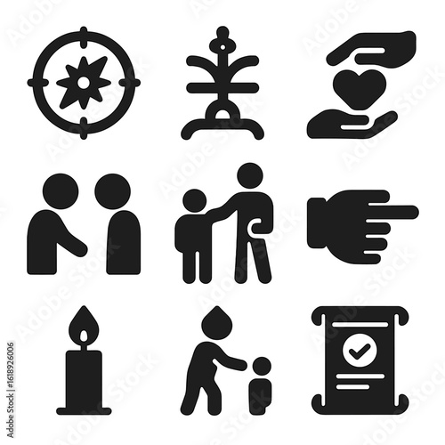 Values Icons Set. Solid, filled icons set of passing down values and beliefs: moral compass, tradition symbol,