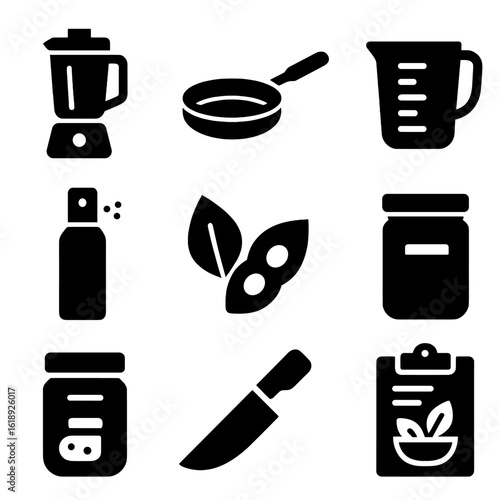 Vegan Cooking Tool Icons. Solid, filled icons set of high-protein vegan cooking tools: blender, nonstick pan,