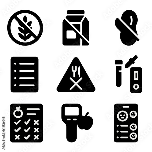 Food Sensitivity Icons. Solid, filled icon set of food sensitivity management: gluten-free icon, dairy-free symbol, nut-free label