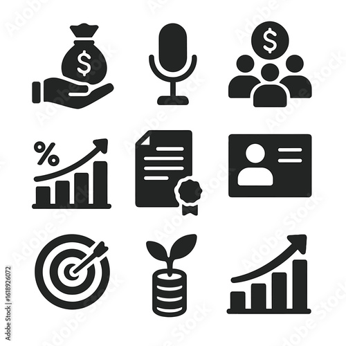 Venture Capital Icons. Solid, filled icons set of venture capital and startup funding: investor hand, funding
