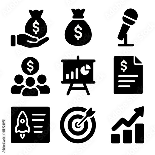 Venture Capital Icons. Solid, filled icons set of venture capital and startup funding: investor hand, funding