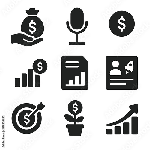 Venture Funding Icons. Solid, filled icons set of venture capital and startup funding: investor hand, funding