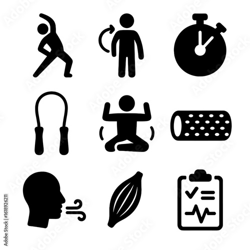 Warm-Up Icons Grid. Solid, filled icons set of warm-up and cool-down routines: dynamic stretch, joint rotation