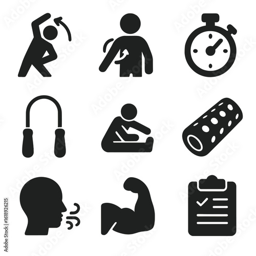 Warm-Up Icon Set. Solid, filled icons set of warm-up and cool-down routines: dynamic stretch, joint rotation,