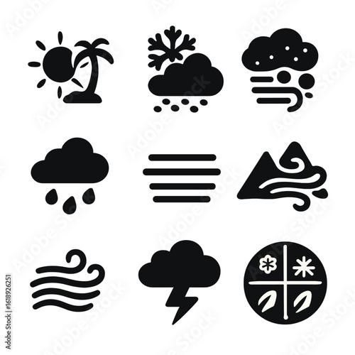 Weather Icons Grid. Solid, filled icons set of climate and weather across countries: tropical sun, snowfall,